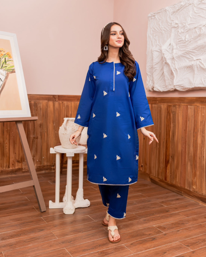 Blue 2-piece lawn embroidered cotton dress with easy fit, available in sizes 34-48