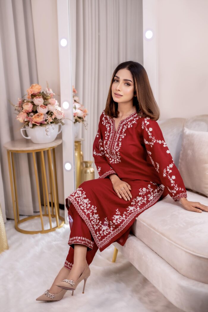 2 PC embroidery dress made of cotton, featuring body length 42, pant length 38, and sleeves length 19, available in sizes 34 to 48.
