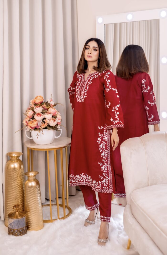 2 PC embroidery dress made of cotton, featuring body length 42, pant length 38, and sleeves length 19, available in sizes 34 to 48.