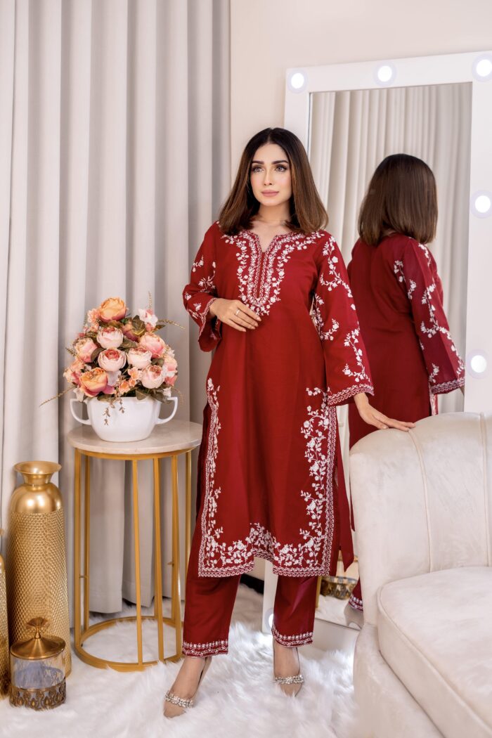 2 PC embroidery dress made of cotton, featuring body length 42, pant length 38, and sleeves length 19, available in sizes 34 to 48.