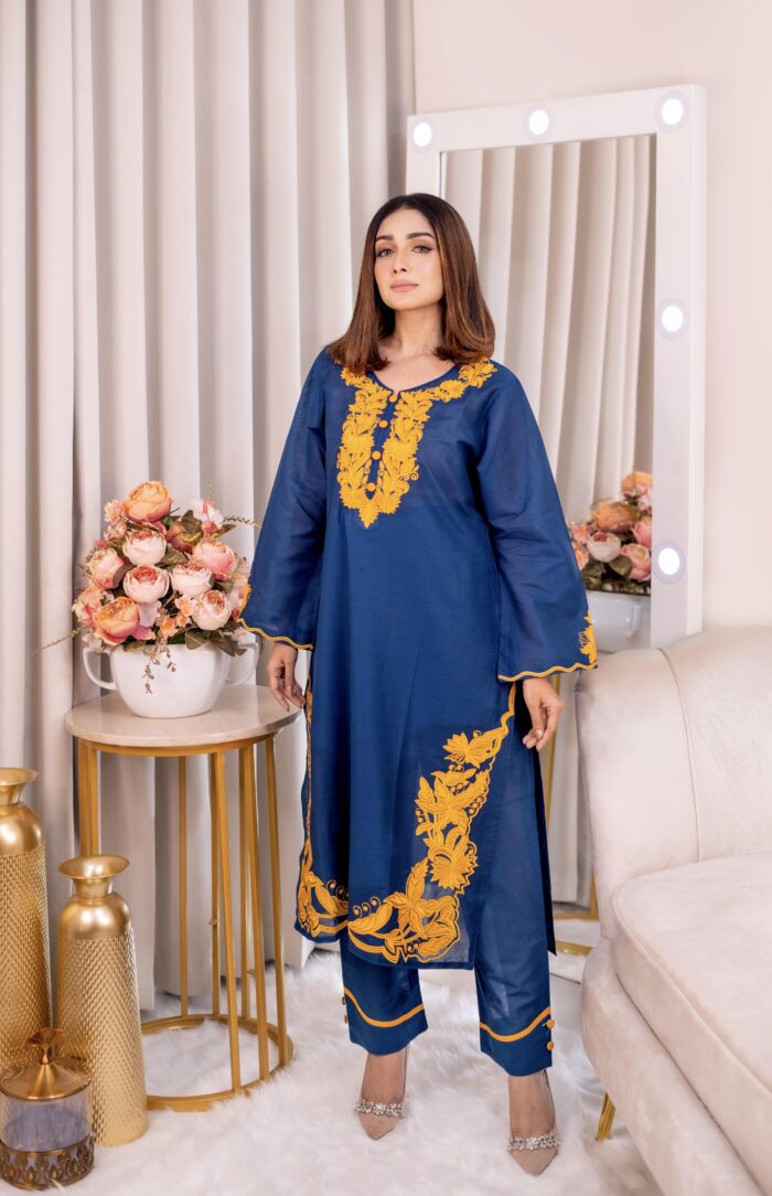 2 PCS cotton embroidery dress with body length 42, pant length 38, and sleeves length 19, available in sizes 34 to 48