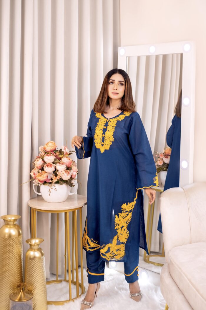 2 PCS cotton embroidery dress with body length 42, pant length 38, and sleeves length 19, available in sizes 34 to 48