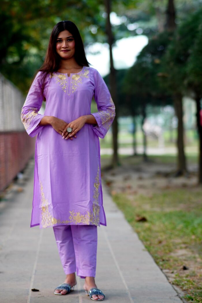 2PC embroidery dress made of cotton with body length 42, pant length 38, and sleeves length 19, available in sizes 34 to 48.